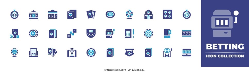 Betting icon collection. Duotone color. Vector and transparent illustration. Containing poker cards, roulette, casino, jackpot, poker table, gambling, slot machine, big six wheel, playing card, deck.