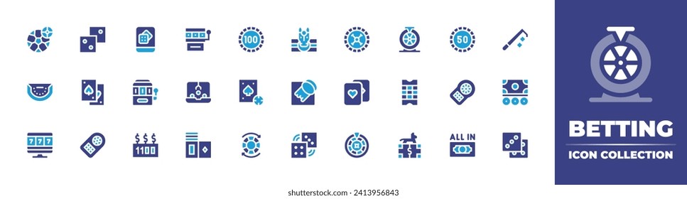 Betting icon collection. Duotone color. Vector and transparent illustration. Containing betting, bet, baccarat, scratch, online casino, dices, online gambling, fortune wheel, slot machine, ticket.