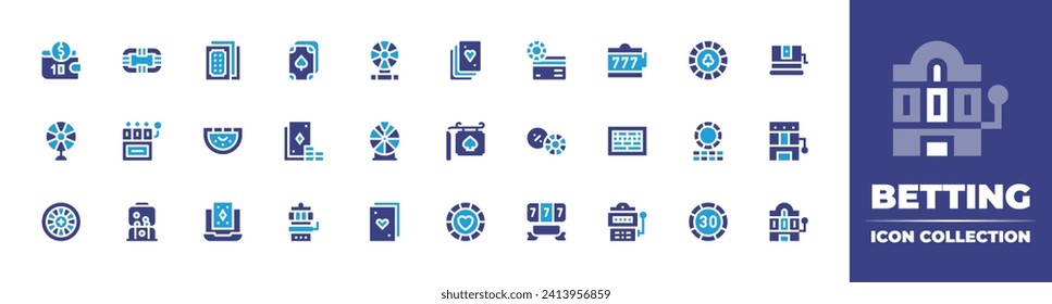 Betting icon collection. Duotone color. Vector and transparent illustration. Containing money, playing cards, fortune wheel, casino, roulette, heart, poker cards, jackpot, blackjack, online casino.