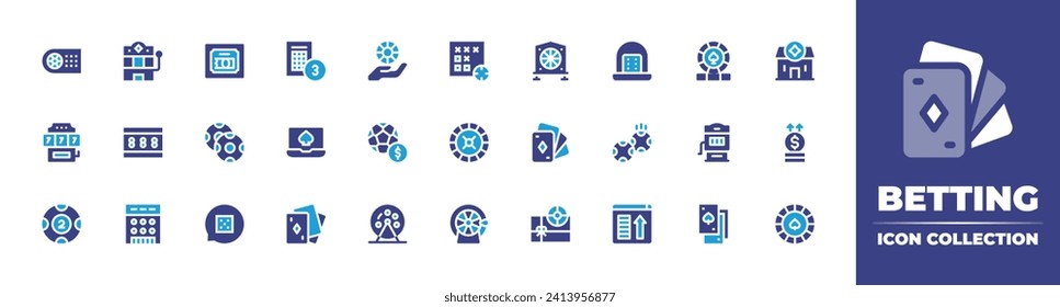 Betting icon collection. Duotone color. Vector and transparent illustration. Containing poker chip, betting, bet, lotto, chip, slot machine, roulette, lottery, fortune wheel, bingo, gambling, online.