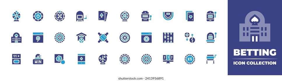 Betting icon collection. Duotone color. Vector and transparent illustration. Containing poker, slot machine, wheel of fortune, roulette, lottery, raffle drum, casino, scratch, token, playing card.