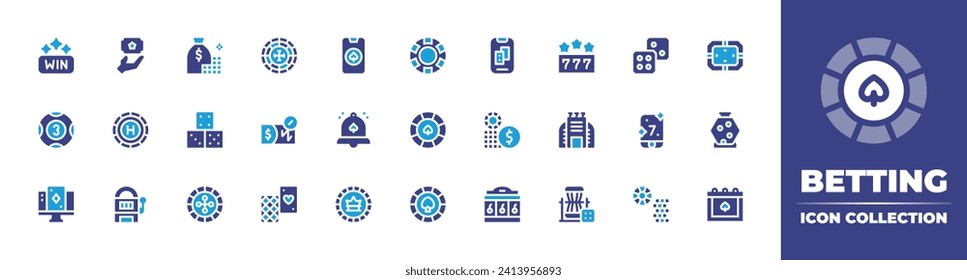 Betting icon collection. Duotone color. Vector and transparent illustration. Containing win, casino chip, lottery, poker chip, online casino, spade, money bag, jackpot, dice, casino, roulette, chuck.