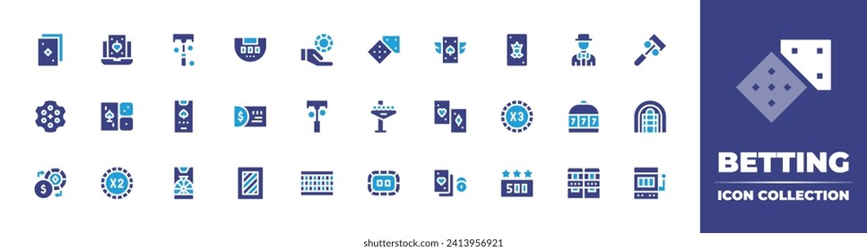 Betting icon collection. Duotone color. Vector and transparent illustration. Containing poker cards, dice, russian roulette, las vegas, exchange, poker table, roulette, joker, online casino, coin.