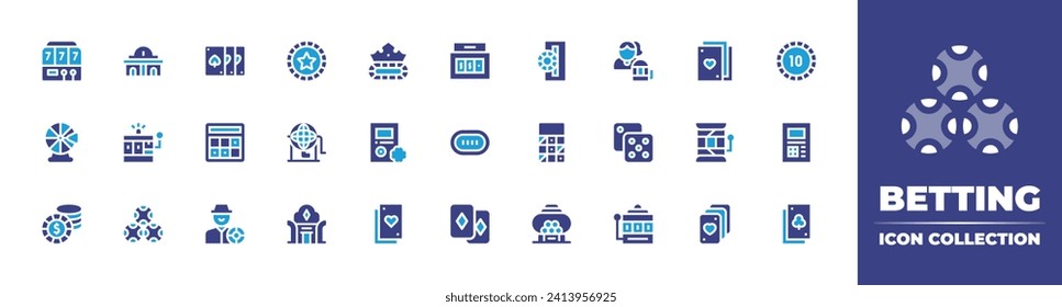 Betting icon collection. Duotone color. Vector and transparent illustration. Containing slot machine, roulette, poker table, poker chip, poker, cards, bingo, dice, bookie, jackpot, coin, good luck.