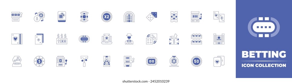 Betting icon collection. Duotone style line stroke and bold. Vector illustration. Containing poker chip, dices, poker cards, dice, exchange, poker table, online gambling, fortune wheel, slot machine.