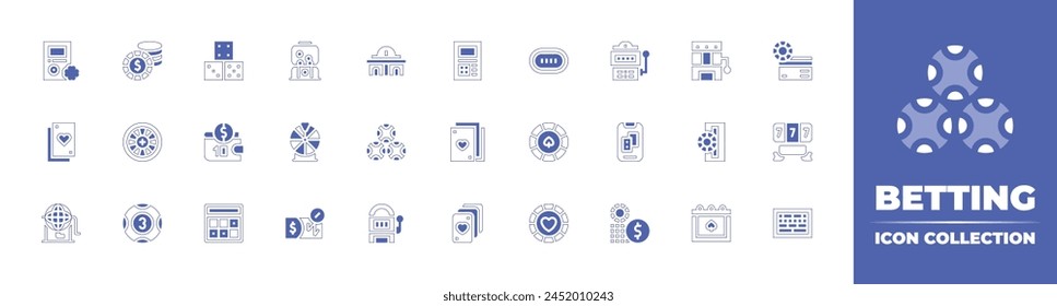 Betting icon collection. Duotone style line stroke and bold. Vector illustration. Containing lottery, poker chip, poker table, money, roulette, heart, dice, bingo, good luck, poker cards, slot machine