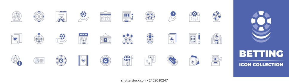 Betting icon collection. Duotone style line stroke and bold. Vector illustration. Containing poker chip, poker chips, dices, bet, lotto, fortune wheel, roulette, slot machine, chips, poker table.