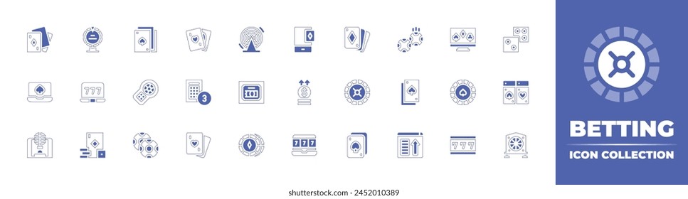 Betting icon collection. Duotone style line stroke and bold. Vector illustration. Containing cards, win, bet, chip, roulette, poker cards, jackpot, gambling, playing cards, big six wheel, playing card