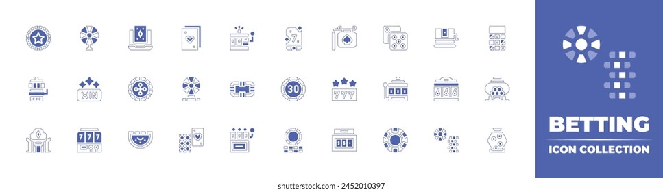 Betting icon collection. Duotone style line stroke and bold. Vector illustration. Containing win, slot machine, fortune wheel, casino, jackpot, roulette, blackjack, online casino, casino chip.