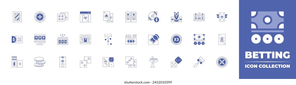 Betting icon collection. Duotone style line stroke and bold. Vector illustration. Containing roulette, bet, poker chip, scratch, online casino, las vegas, slot machine, casino, coin, cash, dice, dices