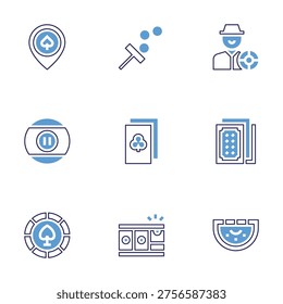 Betting icon set. Bold line style. Duotone colors. Editable stroke. gamble, casino, ace of clubs, billiard, gaming, poker chip, bookie, poker cards, blackjack.