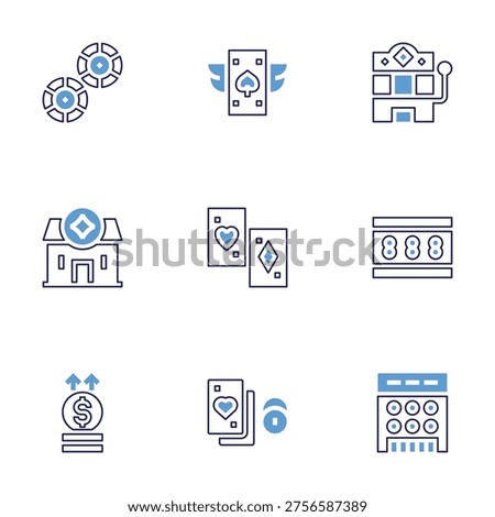Betting icon set. Bold line style. Duotone colors. Editable stroke. betting, bet, jackpot, slot machine, lottery, ace of spades, playing cards, poker, coins.