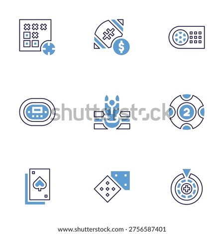 Betting icon set. Bold line style. Duotone colors. Editable stroke. bet, lottery, roulette, poker table, dice, poker cards.