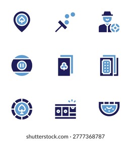 Betting icon set. Bold style. Duotone colors. gamble, casino, ace of clubs, billiard, gaming, poker chip, bookie, poker cards, blackjack.