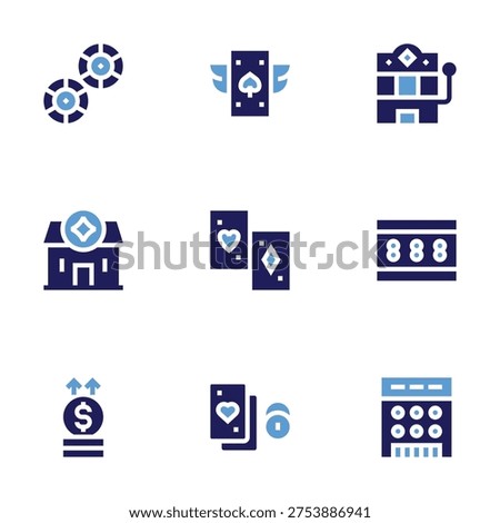 Betting icon set. Bold style. Duotone colors. betting, bet, jackpot, slot machine, lottery, ace of spades, playing cards, poker, coins.