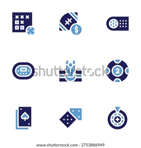 Betting icon set. Bold style. Duotone colors. bet, lottery, roulette, poker table, dice, poker cards.