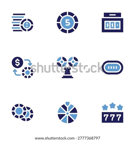 Betting icon set. Bold style. Duotone colors. chips, exchange, bonus, betting, slot machine, roulette, poker table, jackpot.