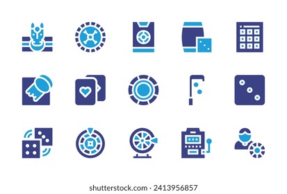 Betting icon set. Duotone color. Vector illustration. Containing online betting, bet, gambling, scratch, fortune wheel, dices, bingo, dice, casino, roulette, stick, poker cards, slot machine.