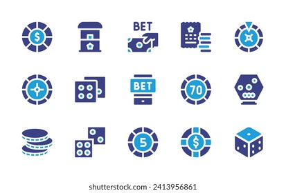 Betting icon set. Duotone color. Vector illustration. Containing bet, poker chip, roulette, bonus, lottery, dice, ticket box, chip.