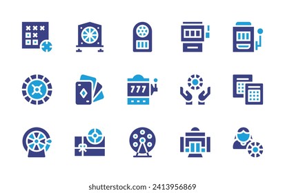 Betting icon set. Duotone color. Vector illustration. Containing bet, jackpot, roulette, lotto, fortune wheel, slot machine, bingo, casino chip, jackpot machine, poker chips, cards, casino, gift.