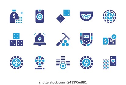 Betting icon set. Duotone color. Vector illustration. Containing chip, dices, money bag, rake, dice, poker chips, roulette, casino roulette, ticket, poker cards, black jack, online gambling, poker.