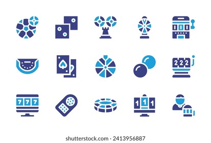 Betting icon set. Duotone color. Vector illustration. Containing betting, roulette, baccarat, chip, online casino, slot machine, slot, fortune wheel, dices, poker chips, card game, jackpot.