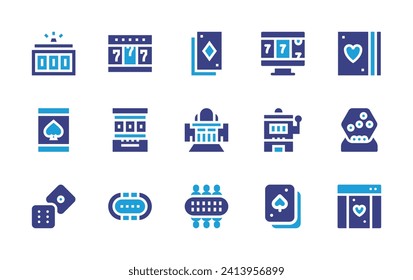 Betting icon set. Duotone color. Vector illustration. Containing cards, poker cards, slot machine, casino, online gambling, players, sic bo, poker table, lottery, online casino, jackpot.