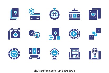 Betting icon set. Duotone color. Vector illustration. Containing roulette, playing cards, gambling, casino, big six wheel, heart, deck, dice, jackpot, card payment, bingo, poker, token.