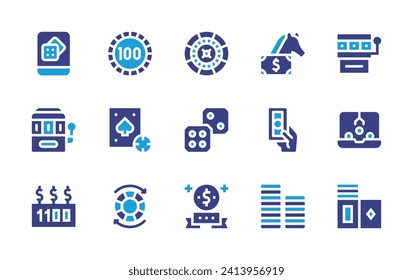 Betting icon set. Duotone color. Vector illustration. Containing horse, bet, tokens, roulette, online gambling, probability, slot machine, bonus, prize, coin, gambling, chip, casino, laptop, deck.