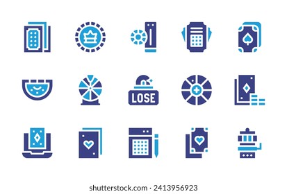 Betting icon set. Duotone color. Vector illustration. Containing ticket, roulette, poker cards, poker chip, coin, lose, blackjack, lotto, online casino, slot machine, poker, cards.