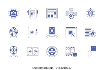 Betting icon set. Duotone style line stroke and bold. Vector illustration. Containing chips, online betting, ticket, game show, dices, poker cards, poker chips, roulette, bingo, coin, online casino.