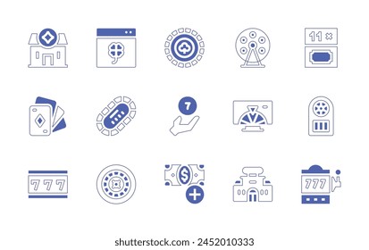 Betting icon set. Duotone style line stroke and bold. Vector illustration. Containing betting, roulette, bet, jackpot, lotto, poker table, scratch, add button, casino, coin, tv, ball, cards, clover.