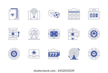 Betting icon set. Duotone style line stroke and bold. Vector illustration. Containing poker chip, spade, slot machine, lotto, online casino, jackpot, bingo, token, poker cards, casino.