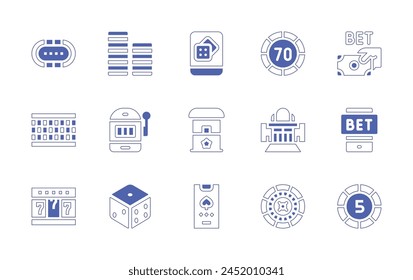 Betting icon set. Duotone style line stroke and bold. Vector illustration. Containing bet, bonus, tokens, slot machine, dice, casino, roulette, online gambling, poker table, online casino, ticket box.