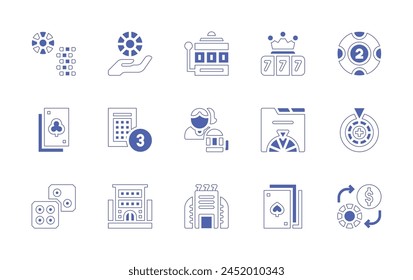 Betting icon set. Duotone style line stroke and bold. Vector illustration. Containing jackpot, poker chip, lottery, roulette, money, casino, bingo, slot machine, poker cards, website, dices, chips.