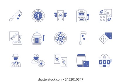 Betting icon set. Duotone style line stroke and bold. Vector illustration. Containing slot machine, dices, dice, casino, poker chip, stick, roulette, ace of spades, playing cards, gambler.