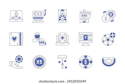 Betting icon set. Duotone style line stroke and bold. Vector illustration. Containing betting, baccarat, exchange, slot, slot machine, roulette, coin, online casino, chips, chip, cards, laptop.