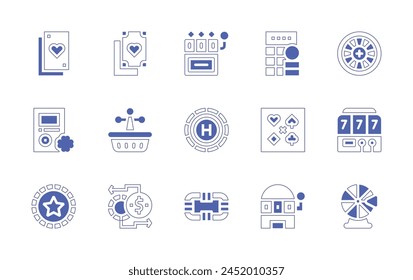 Betting icon set. Duotone style line stroke and bold. Vector illustration. Containing slot machine, roulette, poker cards, money exchange, good luck, casino, suits, poker table, bingo, coin.