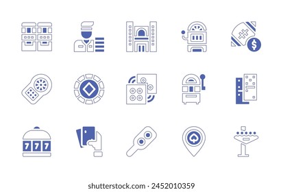 Betting icon set. Duotone style line stroke and bold. Vector illustration. Containing bet, poker chip, las vegas, domino, two up, casino, slot machine, jackpot, dices, casino roulette, playing cards.