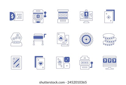 Betting icon set. Duotone style line stroke and bold. Vector illustration. Containing poker chip, online casino, poker cards, raffle drum, slot machine, playing card, card game, jackpot, lottery.