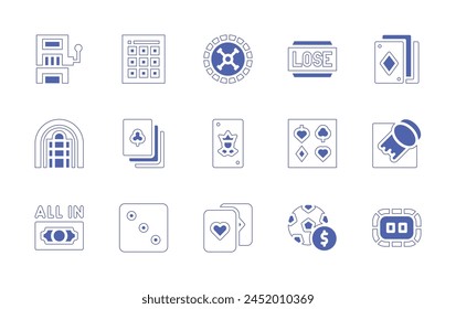 Betting icon set. Duotone style line stroke and bold. Vector illustration. Containing football, clovers, cards, scratch, poker table, bingo, dice, joker, roulette, poker cards, slot machine, suits.
