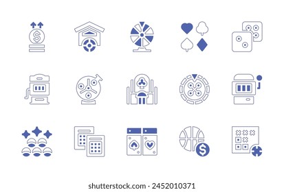 Betting icon set. Duotone style line stroke and bold. Vector illustration. Containing gambling, dices, bet, lottery, slot machine, lotto, bingo, mortgage, russian roulette, casino, cards, suits.