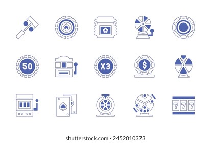 Betting icon set. Duotone style line stroke and bold. Vector illustration. Containing slot machine, gambling, fortune wheel, casino chip, card game, poker chips, coin, wheel of fortune, lottery.