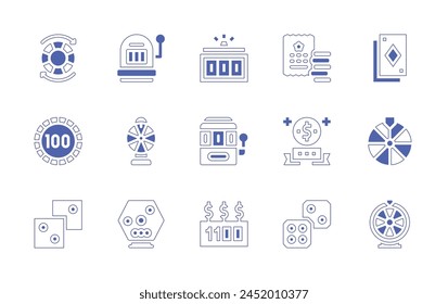 Betting icon set. Duotone style line stroke and bold. Vector illustration. Containing roulette, slot machine, lottery, poker cards, probability, bonus, prize, coin, chip, fortune wheel, dices.