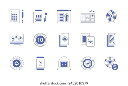 Betting icon set. Duotone style line stroke and bold. Vector illustration. Containing gambling, poker cards, mobile, chip, wheel of fortune, online casino, casino chip, slot machine, gaming, dice.