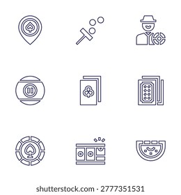 Betting icon set. Line style. Editable stroke. gamble, casino, ace of clubs, billiard, gaming, poker chip, bookie, poker cards, blackjack.