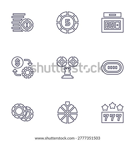 Betting icon set. Line style. Editable stroke. chips, exchange, bonus, betting, slot machine, roulette, poker table, jackpot.