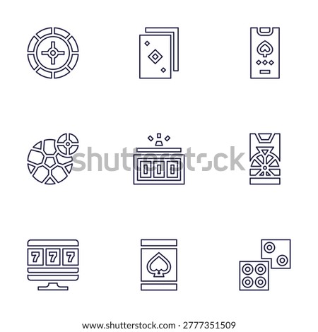 Betting icon set. Line style. Editable stroke. roulette, betting, online casino, poker cards, slot machine, online gambling, dice.