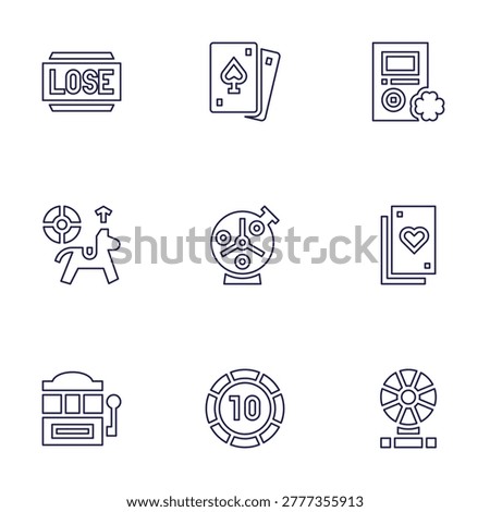 Betting icon set. Line style. Editable stroke. betting, poker, slot machine, lottery, casino chip, good luck, poker cards, roulette, lose.
