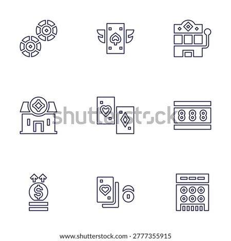 Betting icon set. Line style. Editable stroke. betting, bet, jackpot, slot machine, lottery, ace of spades, playing cards, poker, coins.